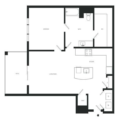 Floor plan for 1 bed, 1 bath, 791 sqft